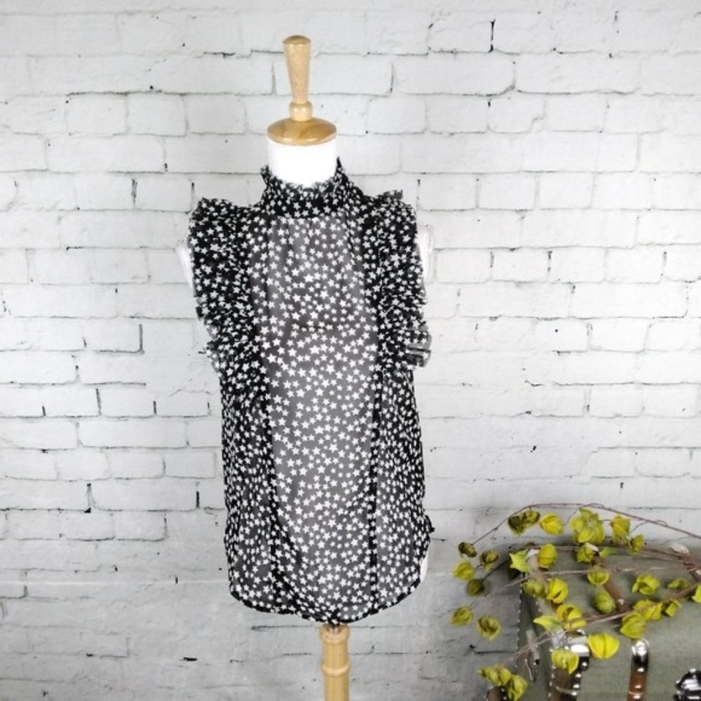 Elan Star Print Ruffled Sleeveless High Collar Top In Black Size Small - Picture 7 of 7